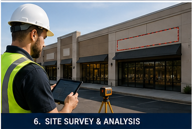 Sign permit specialist documenting a commercial building facade during a site survey