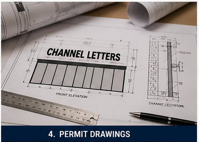 Channel letter permit drawings with front elevation and section details on a drafting table