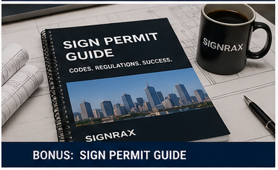 Printed sign permit guide covering codes and regulations on a desk with drawings
