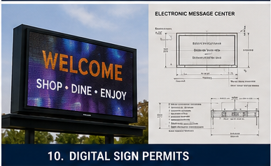 Digital electronic message center sign next to its permit elevation drawing